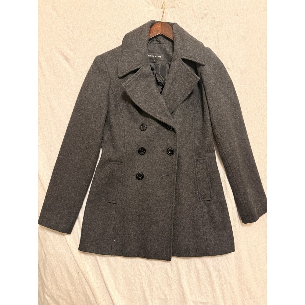 Black Rivet Charcoal Wool Blend Double Breasted Pea Coat